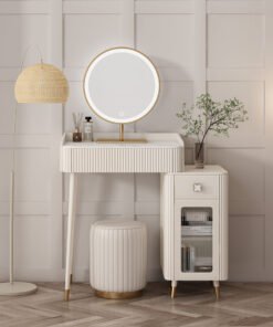 Asante Small Dressing Table With Side Cabinet & LED Mirror, Cream