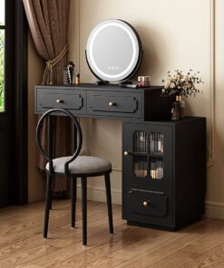 Nguyen Dressing Table With Side Cabinet & LED Mirror, Black