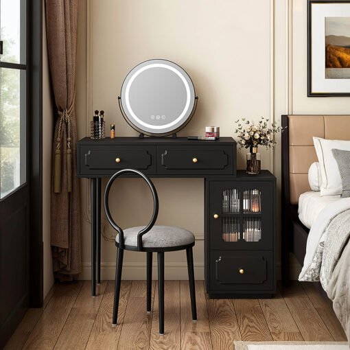 Nguyen Dressing Table With Side Cabinet & LED Mirror, Black - Image 2
