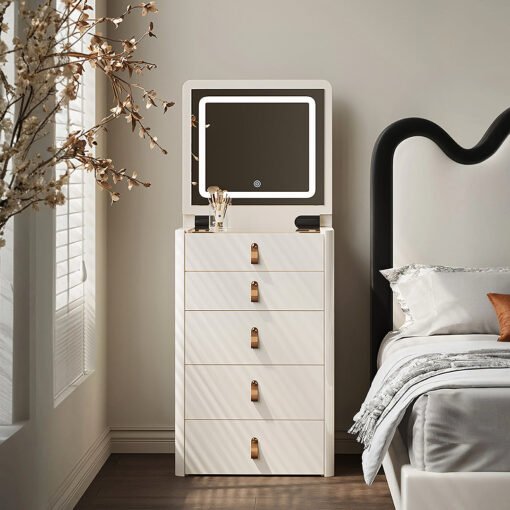 Flores Small Dressing Table With LED Mirror & Chair, Off White - Image 6
