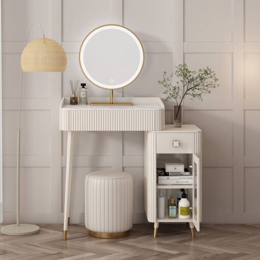 Asante Small Dressing Table With Side Cabinet & LED Mirror, Cream - Image 3
