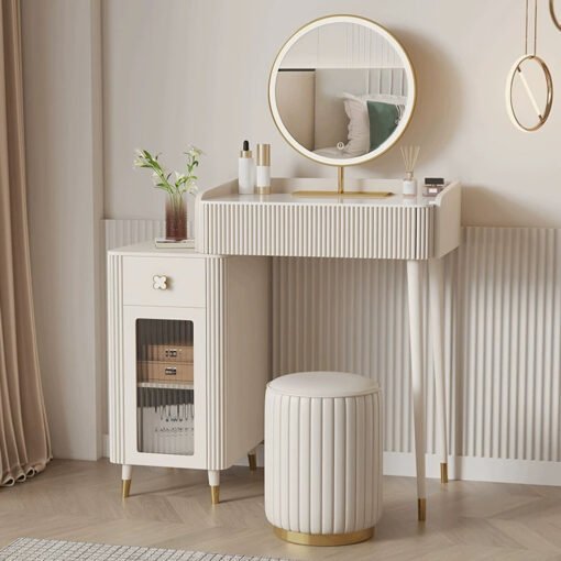 Asante Small Dressing Table With Side Cabinet & LED Mirror, Cream - Image 4