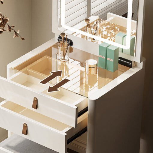 Flores Small Dressing Table With LED Mirror & Chair, Off White - Image 4